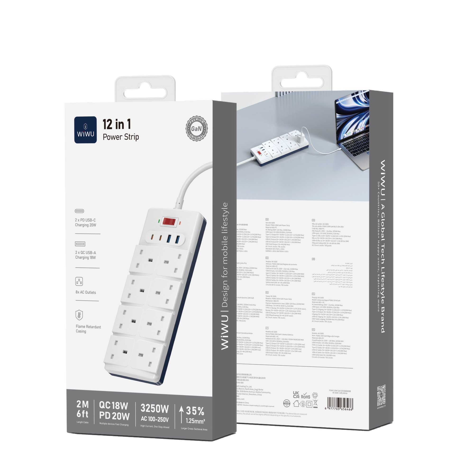 Wiwu S009 Çok Fonksiyonlu 20W Çoklu Priz 2xType c - 2xUSB - 8x SC