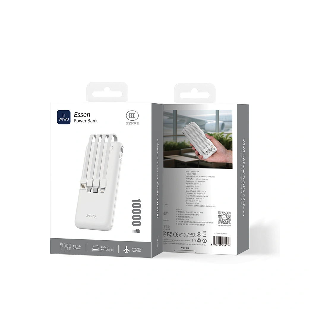 Wiwu P-08B Essen Serisi Kablolu 10000mAh Powerbank Beyaz