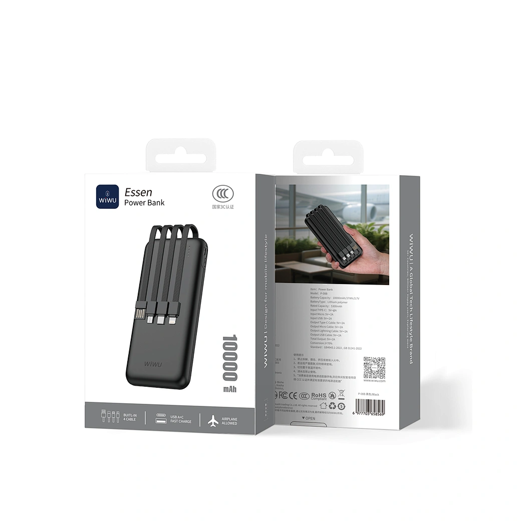 Wiwu P-08B Essen Serisi Kablolu 10000mAh Powerbank - Siyah